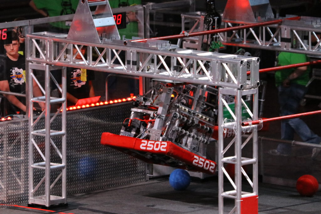The robot hanging onto the high bar