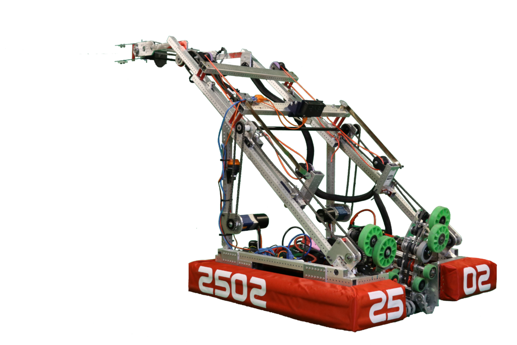Our robot fully extended. looks like a right triangle with an extended two pronged mount 