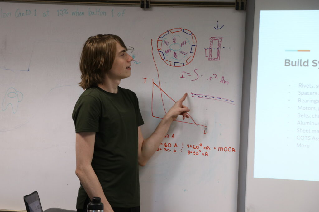 Riley L. Pointing at a whiteboard and explaining a design concept. 