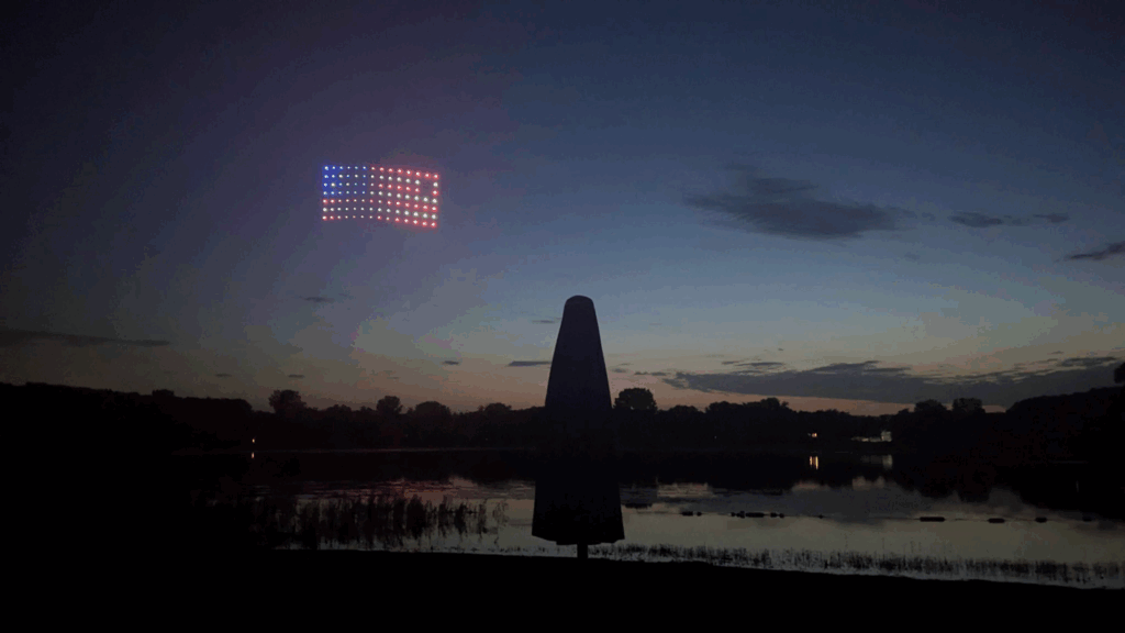 A photo taken during the drone show, displaying drones arranged in an American flag