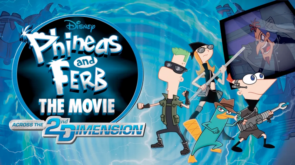 The movie poster to Phineas and Ferb: Into the Second Dimension showing the characters and title